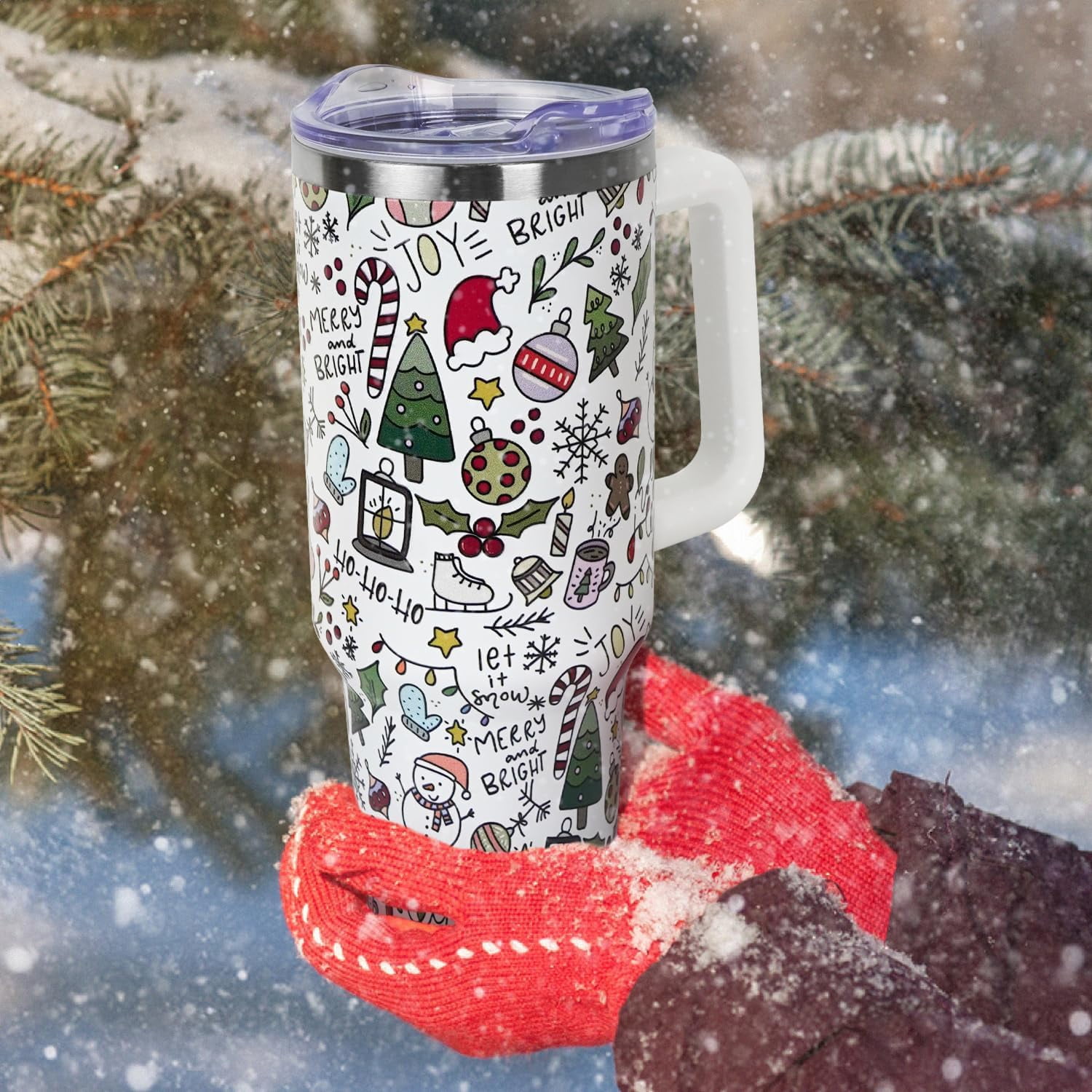 Christmas Gifts 40 oz Tumbler with Handle and Straw Lid,Cute Gifts for Women Snowman Xmas Tree Snowflake Vacuum Insulated Leak Proof Tumbler,Winter Holiday Accessories Stainless Steel Coffee Cup Mug