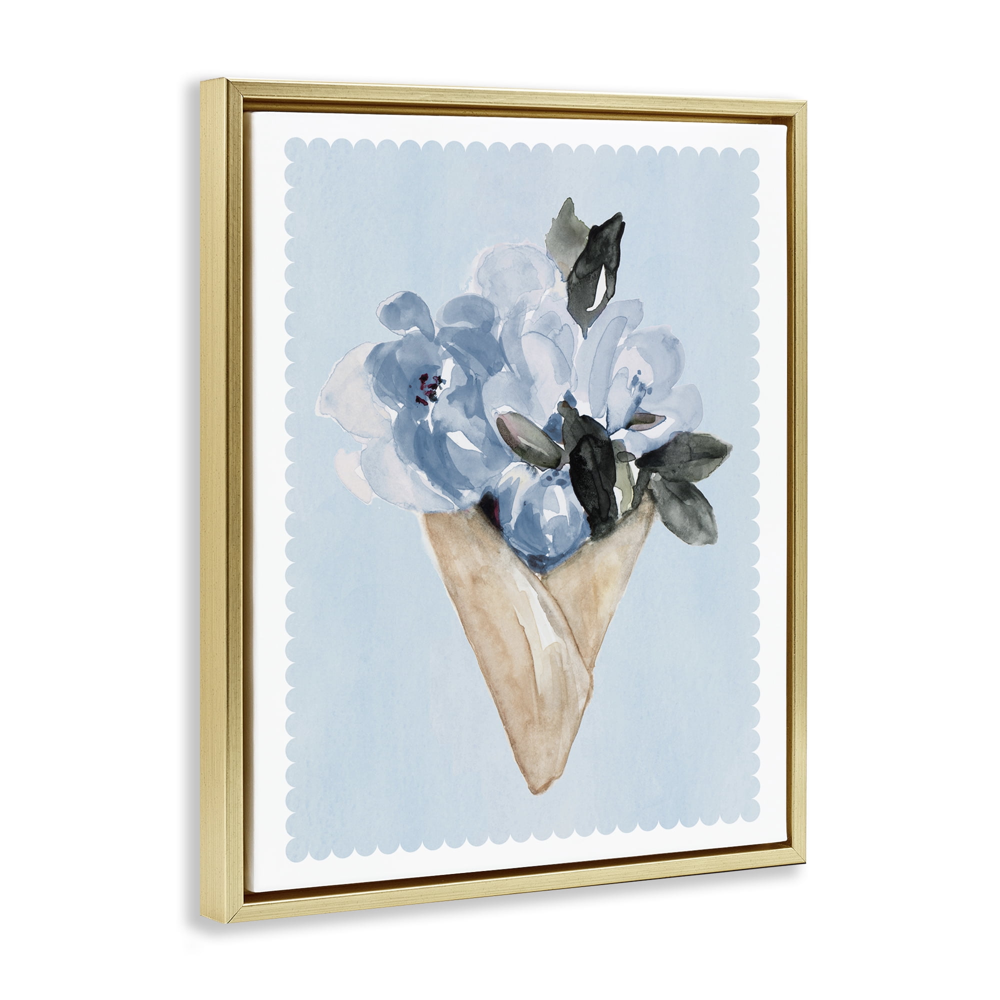 Stupell Industries Blue Flower Gift Bouquet Gold Framed Floater Canvas Wall Art, design by Elizabeth Medley