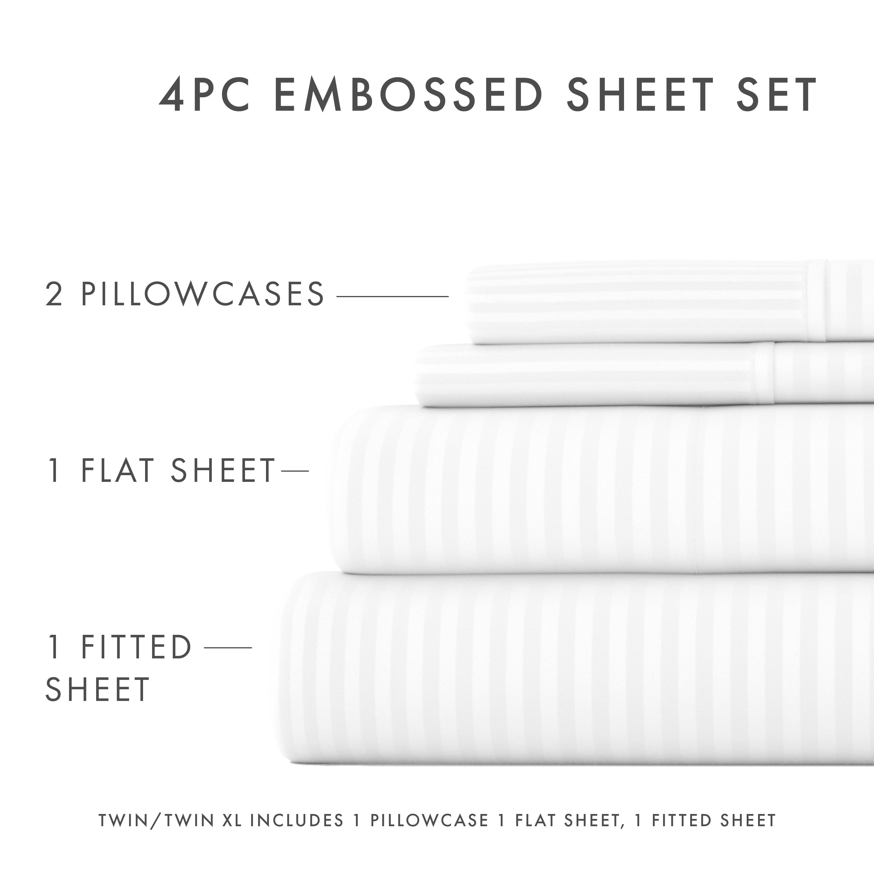 Noble Linens 4 Piece Striped Embossed 4 Piece Bed Sheet Set , White