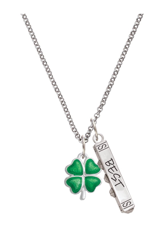 Silvertone Translucent Green Lucky Four Leaf Clover Silvertone Best Friends Forever Bar Charm Necklace, 23"