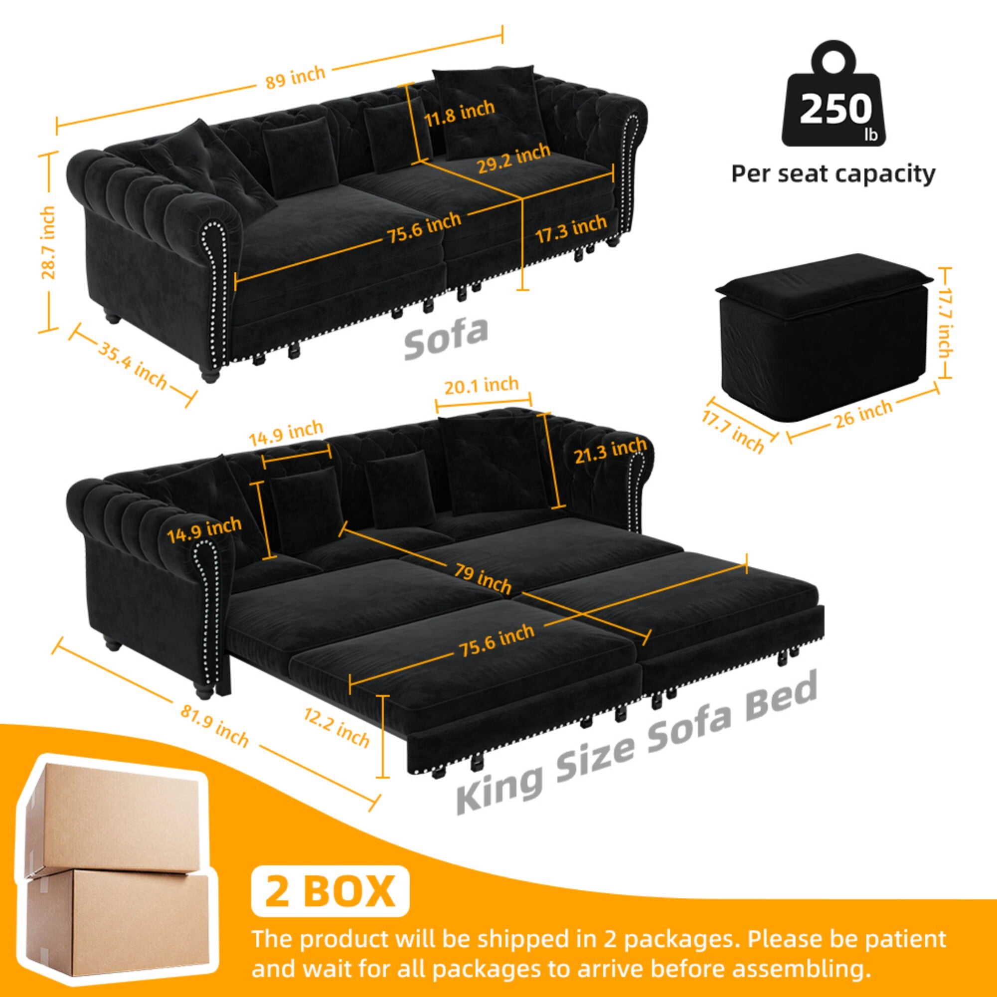 DEALTOPS 89" Velvet King Size Pull-Out Sofa Bed, 3-in-1 Convertible Sleeper Sofa with Ottoman & 4 Pillows, Black