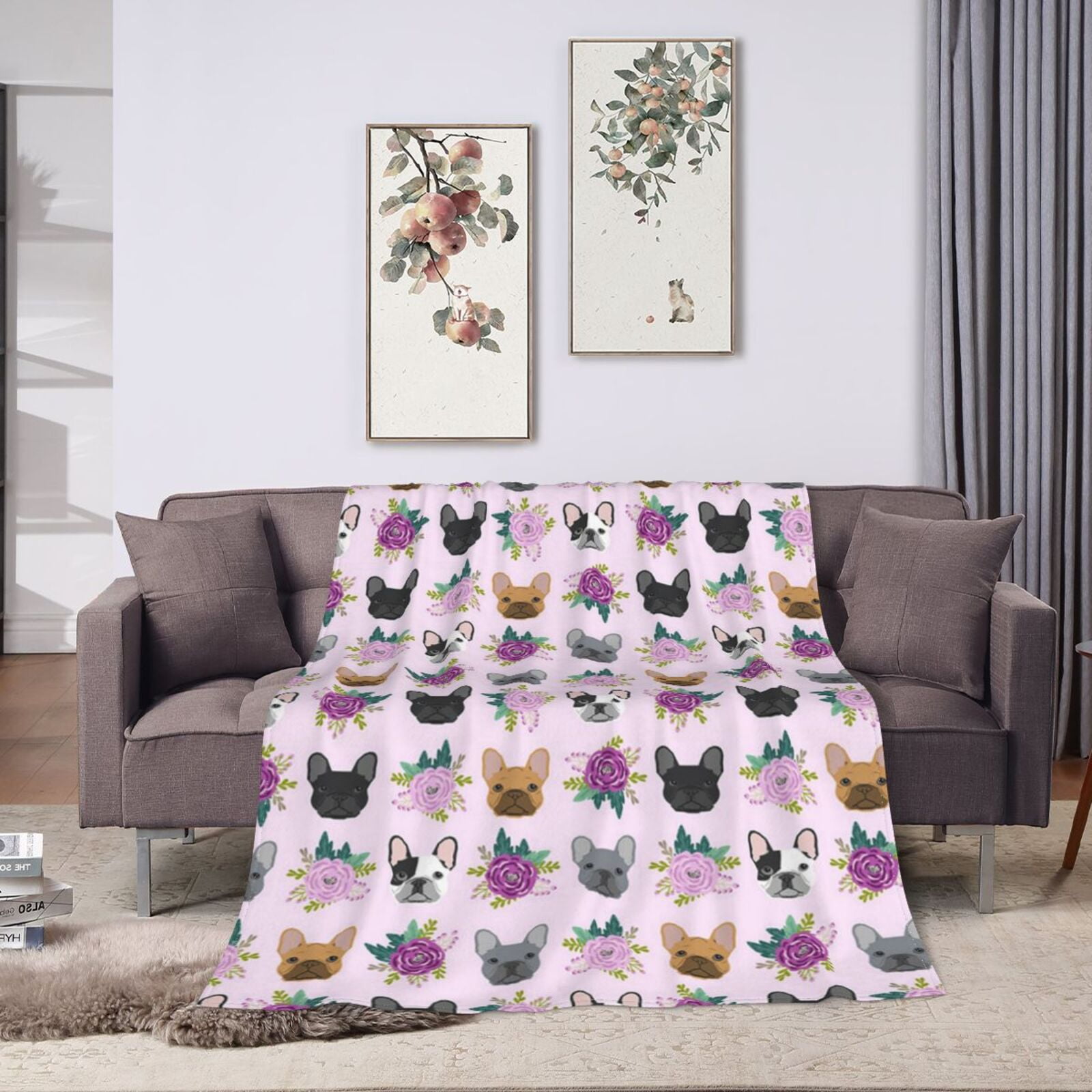 Wijzvio French Bulldog Dog Floral Flower Throw Blanket Soft Fuzzy Fleece Blanket For Couch Bed Living Room Decoration 60"X50"