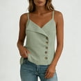 thumbnail image 6 of V-Neck Tank Tops Lace Linen Women's Sleeveless Cami Tops, V Neck Spaghetti Strap Camisole with Asymmetric Fold and Side Buttons Green L, 6 of 7