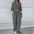 thumbnail image 4 of Autumn Two Piece Sets for Women Plus Size Solid Color Retro Classic Wersatile Casual Cotton Linen Shirt Drawstring Wide Leg Pants Set Long Sleeved Round Neck Top/Shirt Set, 4 of 7