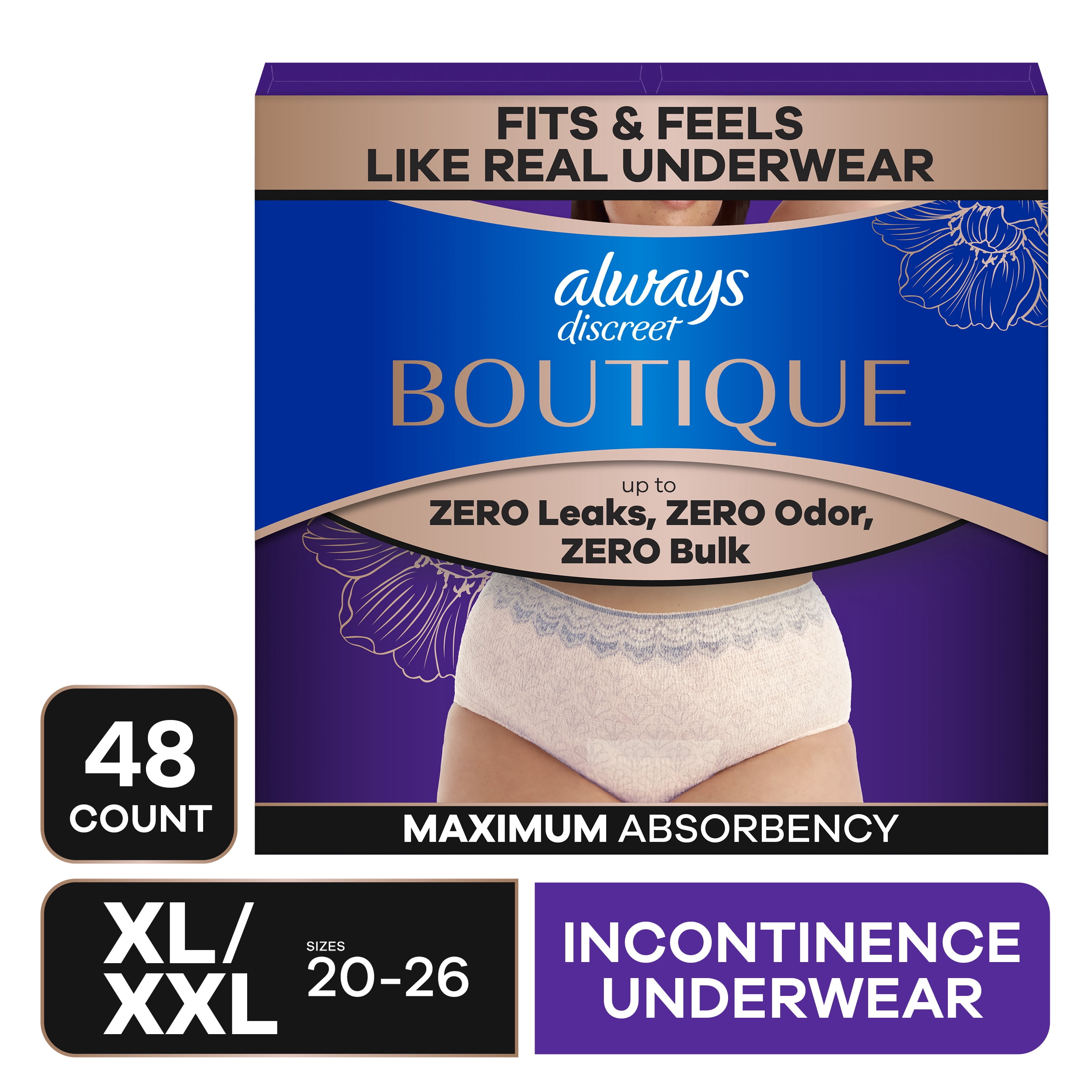 (2 pack) Always Discreet Boutique Incontinence and Postpartum Underwear for Women, Maximum Protection, XL, Rosy, 48 Count