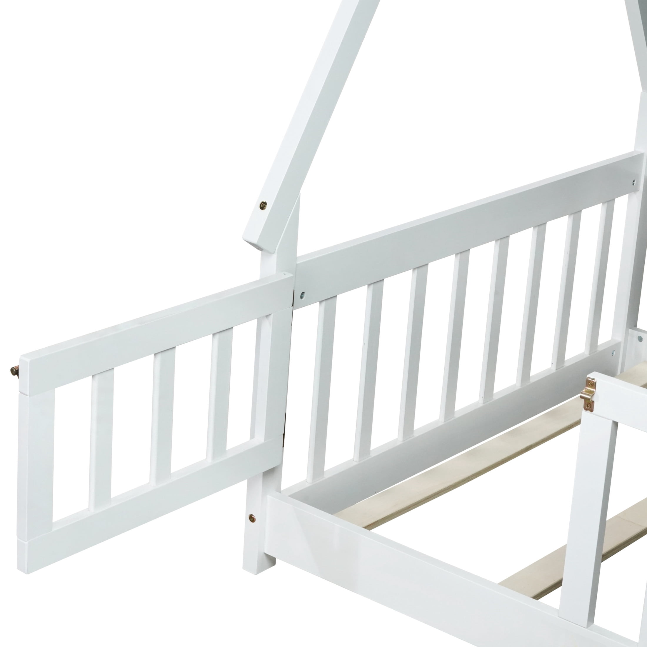 Noble House Misty Twin Teepee Floor Bed with Safety Fence and Door, Solid Rubber Wood Tent Bed, Kid's Room, White