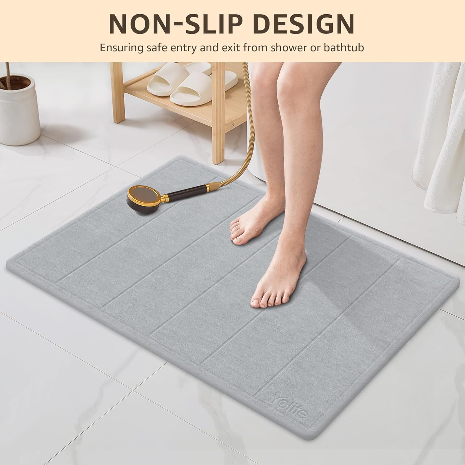 Yolife 32"x20" Diatomite Bath Mat, Super Absorbent Quick-Dry Bathroom Rug, Non-Slip Natural Diatomaceous Earth Mat for Shower, Kitchen, Entryway, Easy to Clean,Light Grey