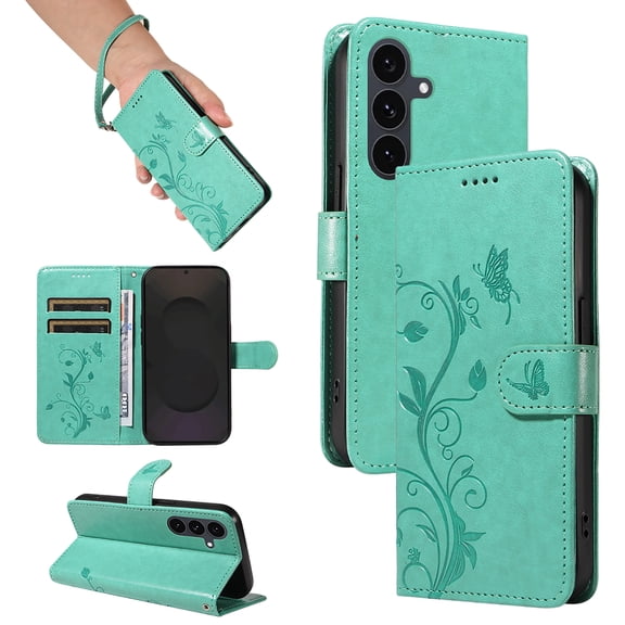 Allyechgroup Wallet Case for Samsung Galaxy S25 FE, Butterfly Floral Embossed Premium PU Leather Shockproof Flip Stand Cards Slots Hand Wrist Phone Case for Samsung Galaxy S25 FE, Green