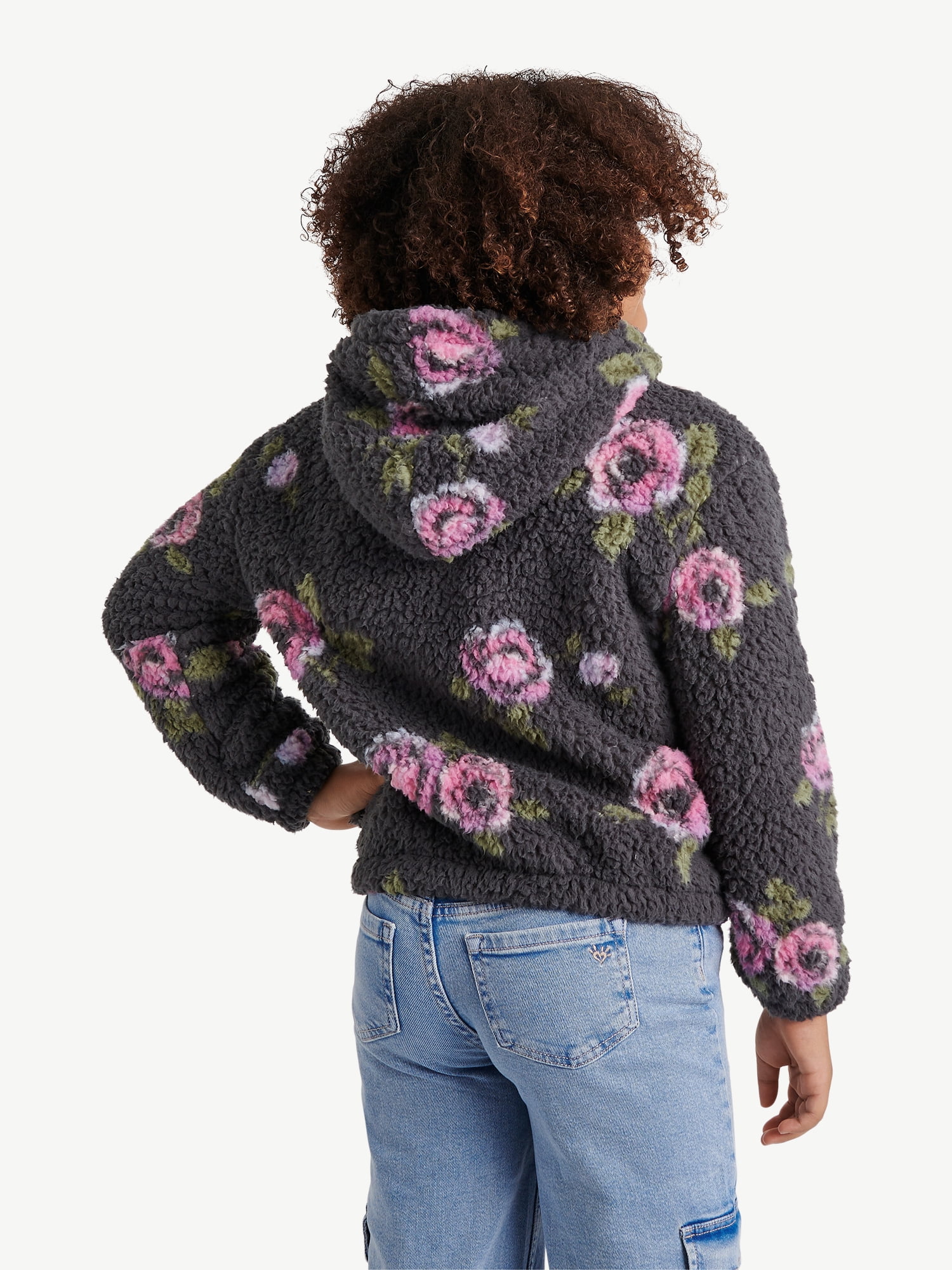 Justice Girl's Printed Floral Sherpa Jacket with Hood, Sizes XS - XL