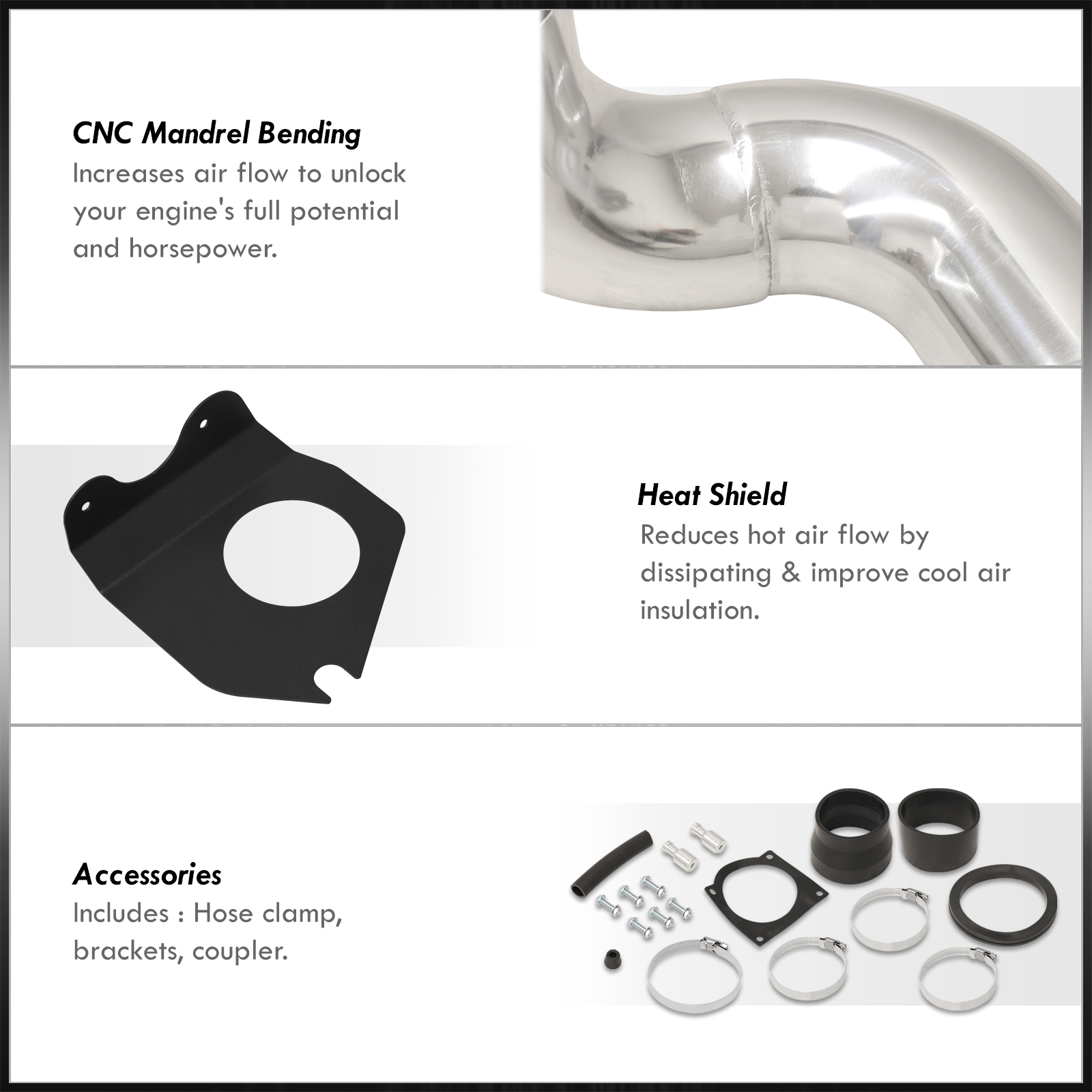 AJP Distributors Cold Air Intake CAI Induction Piping System Polish + Filter Compatible/Replacement For Ford Mustang GT 4.6L V8 1996 1997 1998 1999 2000 2001 2002 2003 2004 96 97 98 99 00 01 02 03 04