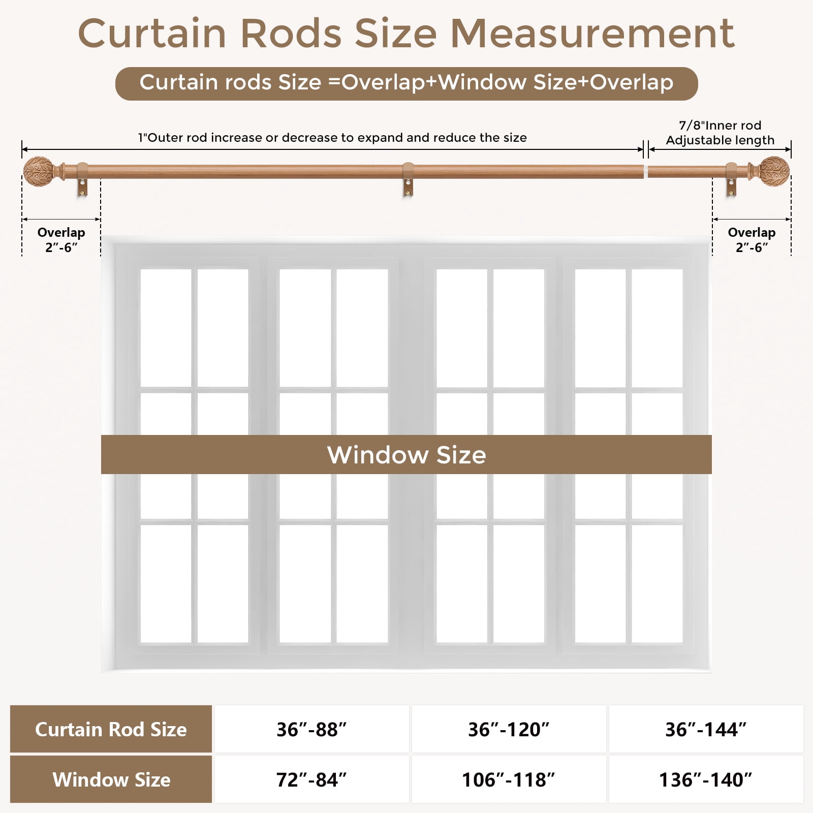 OLV Boho Curtain Rods 36-88" Heavy Duty with Wood Grain Leaf Finial,Burlywood