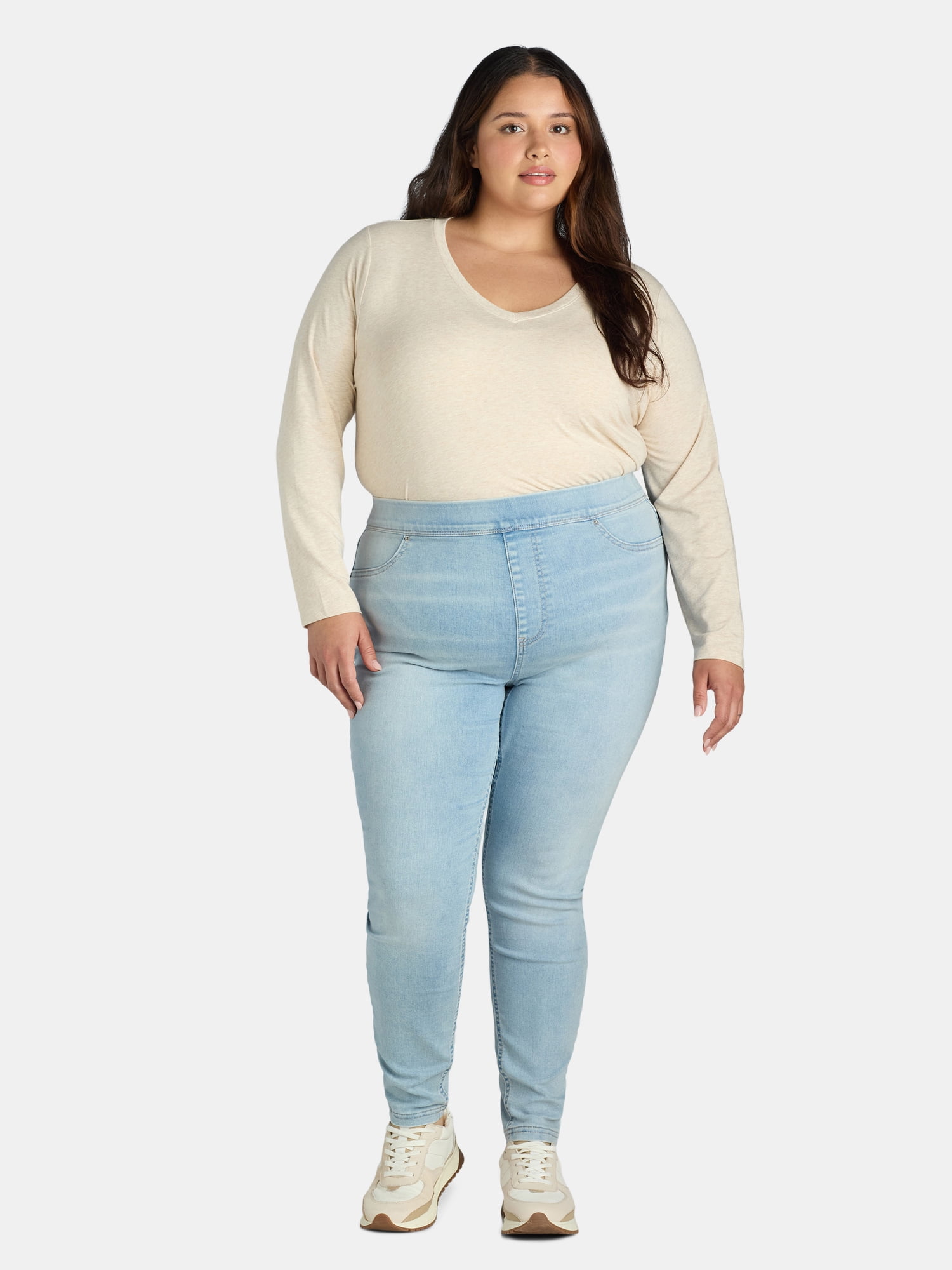 Terra & Sky Women's Plus Size High Rise Pull-On Jegging Jeans, 2-pack Black/Light Wash, 28" Inseam, Sizes 0X-5X