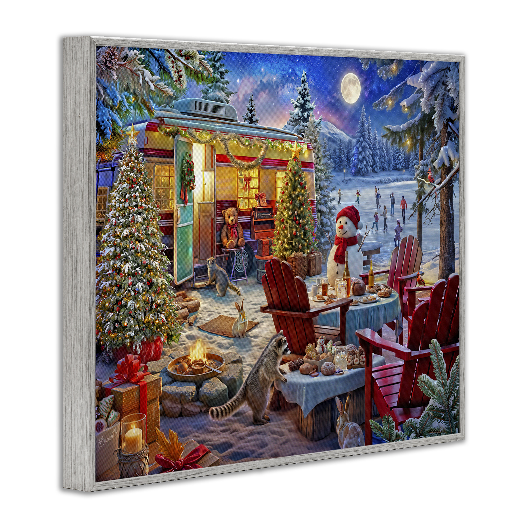 Winter Holiday Camper Party Gray Framed Giclee Art, design by Henriette Chinaglia