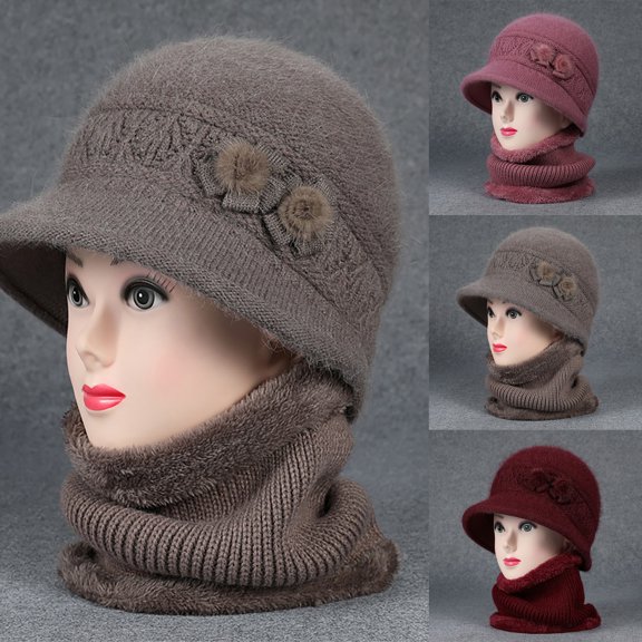 Only Moment Brown Wool Beanie for Men & Women acrylic Fleece Lined Knit Beanie Warm Soft Stocking Cap for Cold Weather Outdoor Plush Hat Scarf Two Piece Set One Size