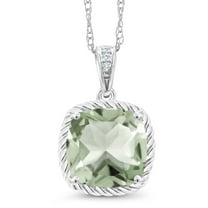 Gem Stone King 10K White Gold Green Prasiolite and Diamond Pendant Necklace for Women (2.07 Ct Cushion Cut 8MM with 18 inch Chain)