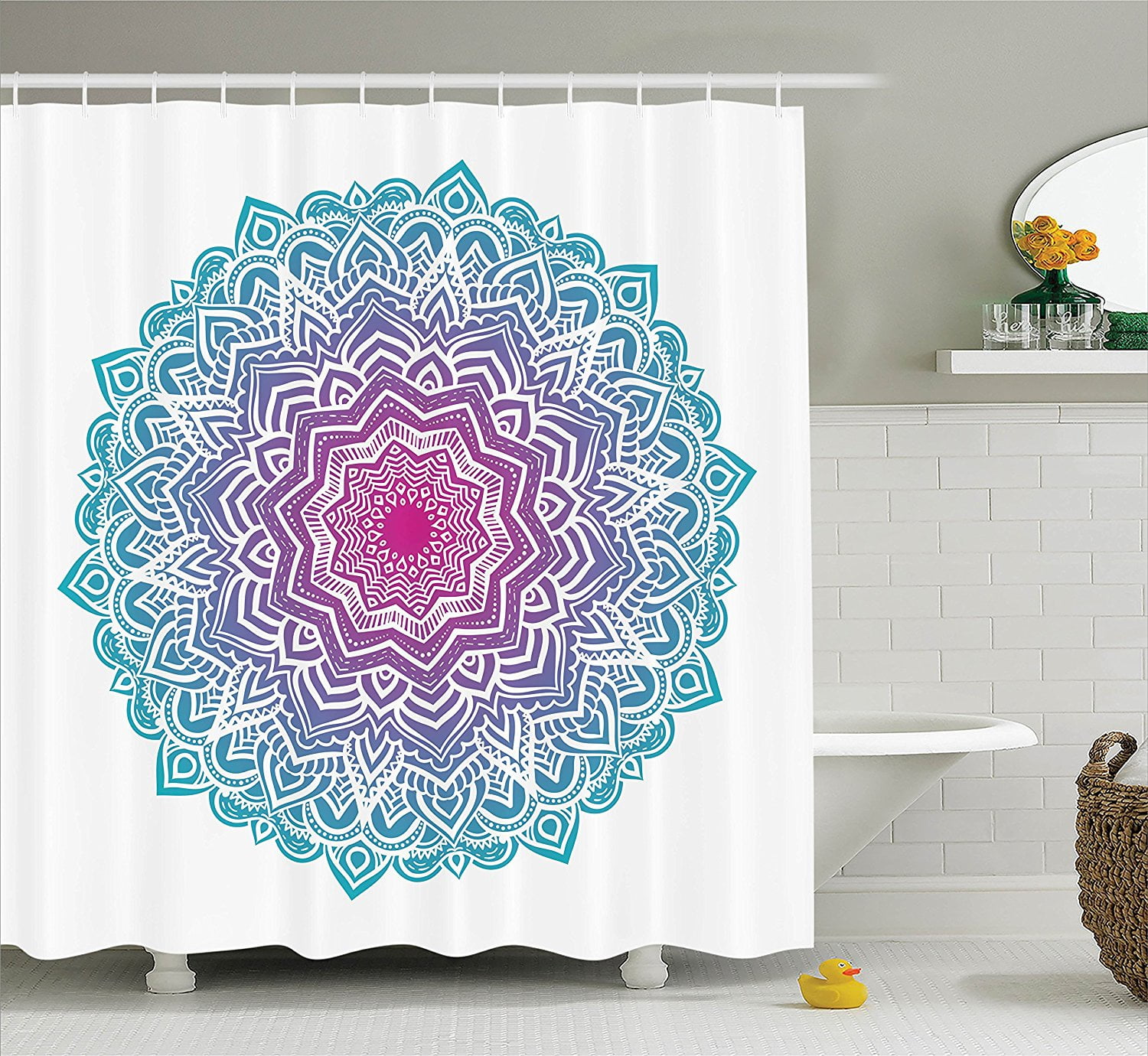 Mandala Decor Shower Curtain Set by , Round Floral Starry Pattern with