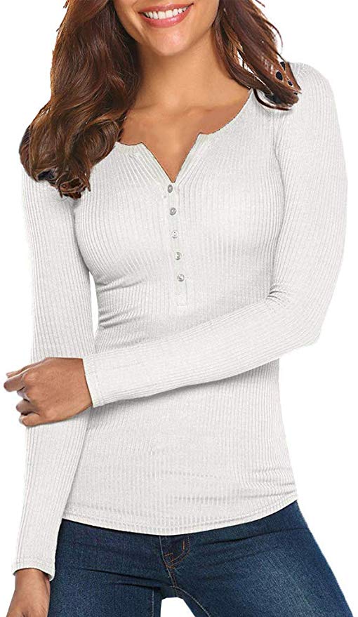 Womens Casual Long Sleeve V Neck Sweaters Slim Fit Button Ribbed Knit Sweater Blouse Tops