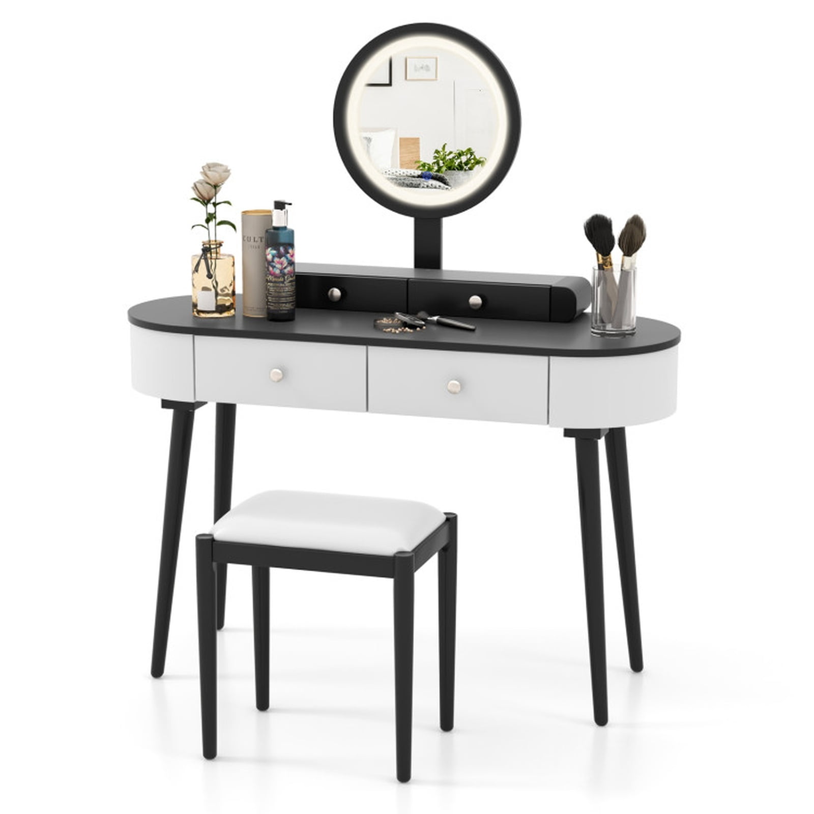 Furnibear Makeup Vanity Table Set with LED Mirror and 3 Spacious Drawers-White and Black for Bedroom Makeup Dressing Room Vanity Desk
