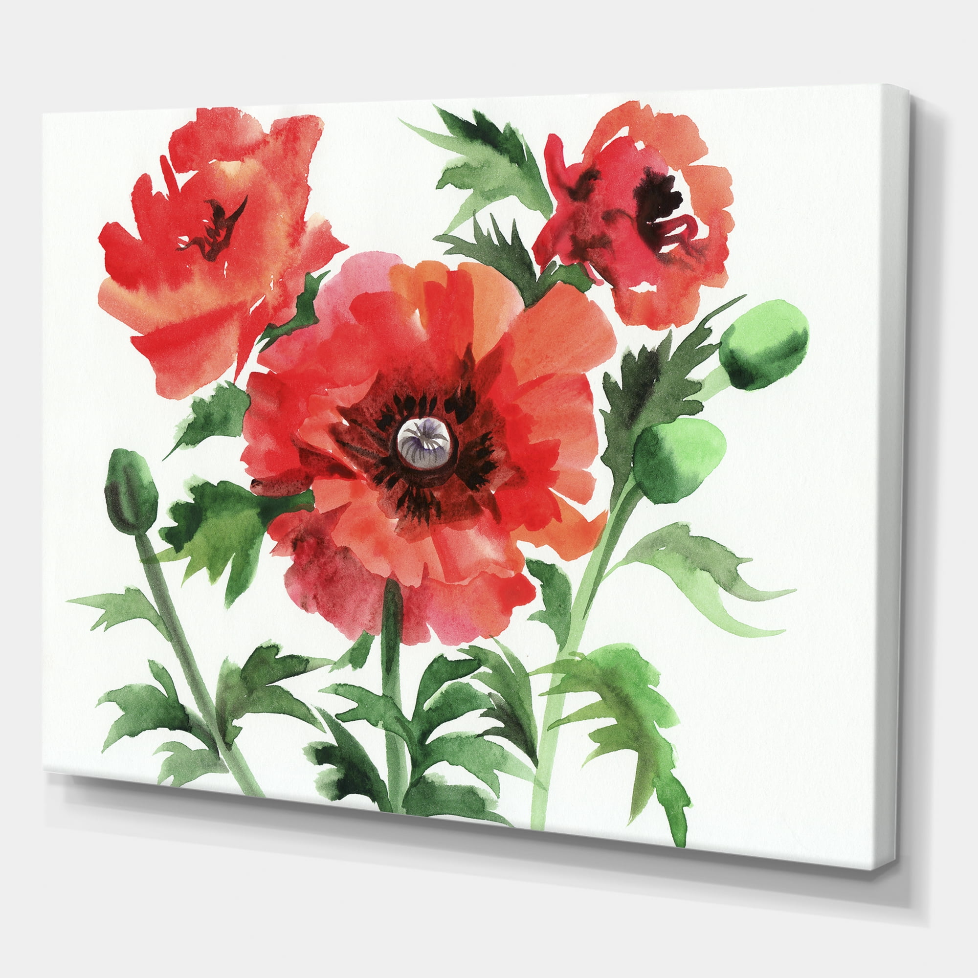Designart ' Ancient Red Poppies II ' Traditional Canvas Wall Art Print