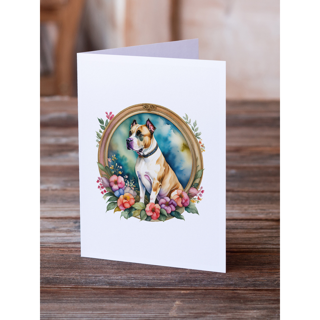 American Staffordshire Terrier and Flowers Greeting Cards and Envelopes Pack of 8 7 in x 5 in