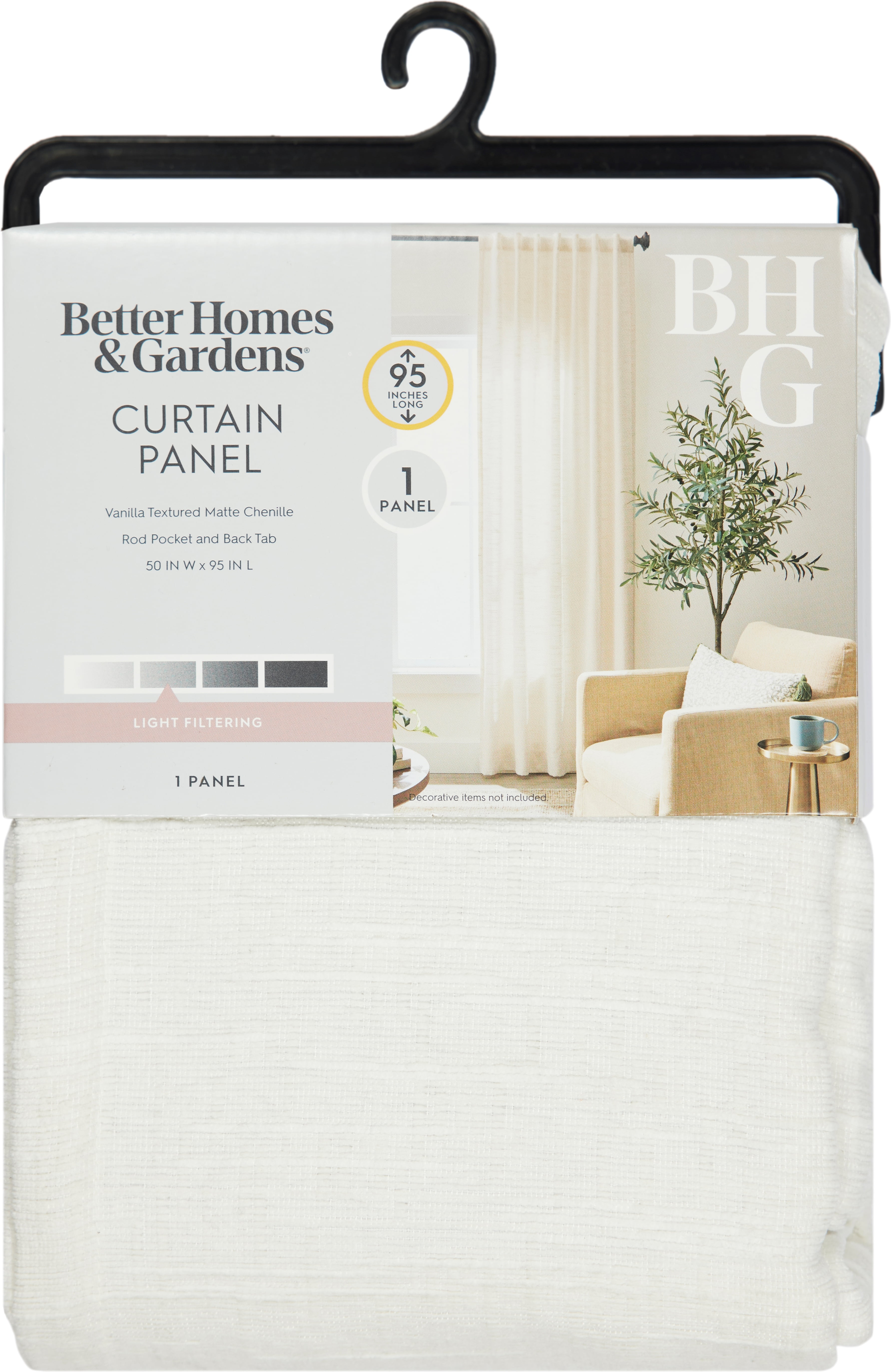 Better Homes & Gardens Textured Solid Chenille Light-Filtering Single Curtain Panel, Ivory, 50 in W x 95 in L