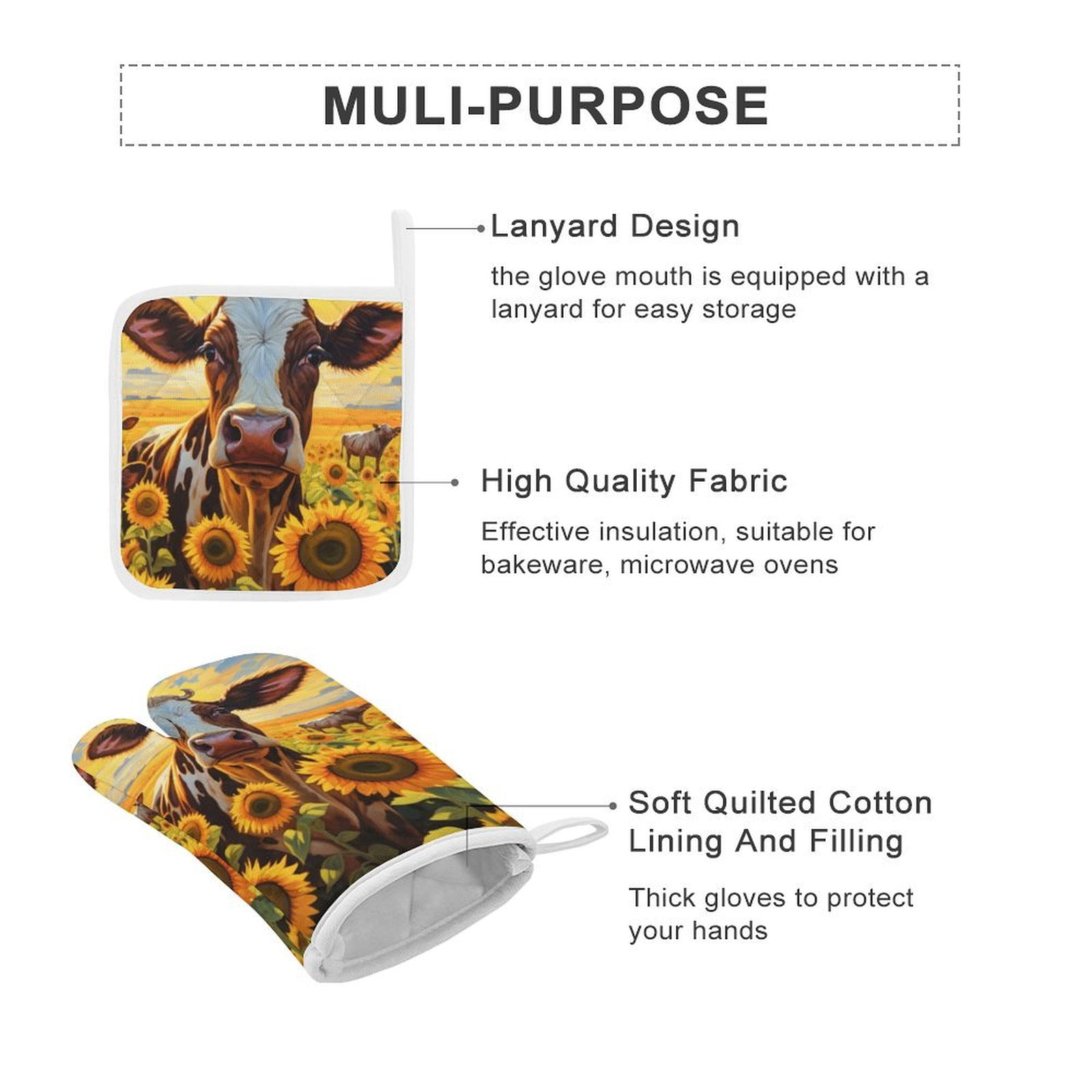 Farm Cows Heat Resistant Microwave Oven Gloves Set for BBQ Baking Grilling,Baking Gifts Cooks for Women,Housewarming Gifts for New Home