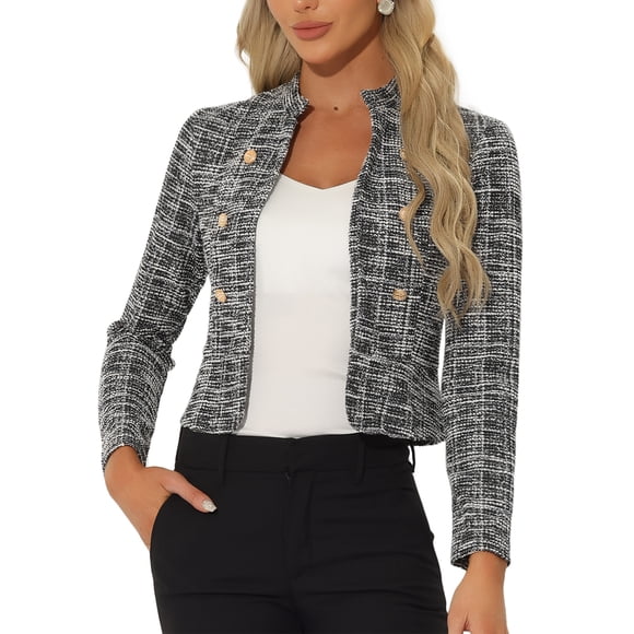 BLAZER DE TWEED PARA MUJER CHIC INSPIRADOR CON CUELLO ALTO, CORTO Y ABIERTO, TAMAÑO M NEGRO
