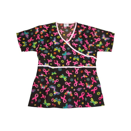 Breast Cancer Scrubs - Ladies Pink Ribbon/Butterfly Mock Wrap Scrub Top BLACK BUTTERFLIES /