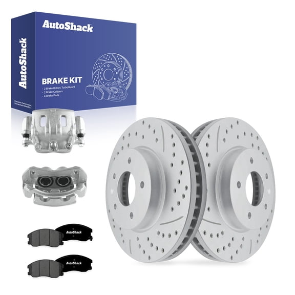 AutoShack Front Vented Drilled & Slotted Coated Brake Rotors Silver Matte Finish   Premium Ceramic Pads   Calipers 8-PC Brake Kit Replacement for 2007-2009 Chevy Equinox TurboGuard 11.65" (296 mm)