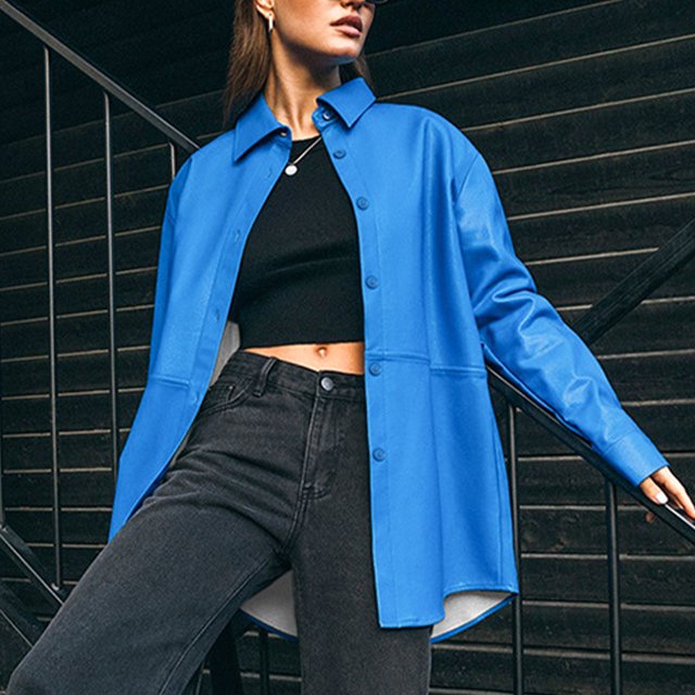 Chaqueta de cuero Mujer Camisa sintética Motocicleta Ropa de calle de moda Ygjytge Azul T XL para Mujer