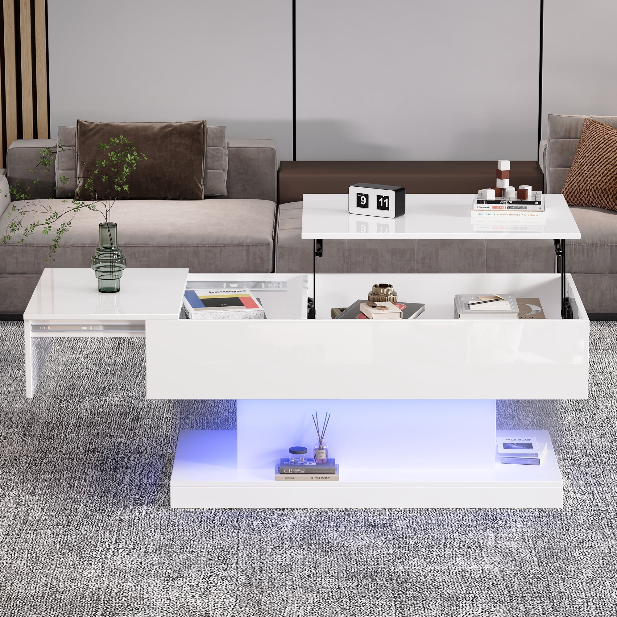 Noble House Lift-Top Coffee Table,High-Gloss LED Lit with Sliding Extendable Desktop & Lifting Mechanism,White