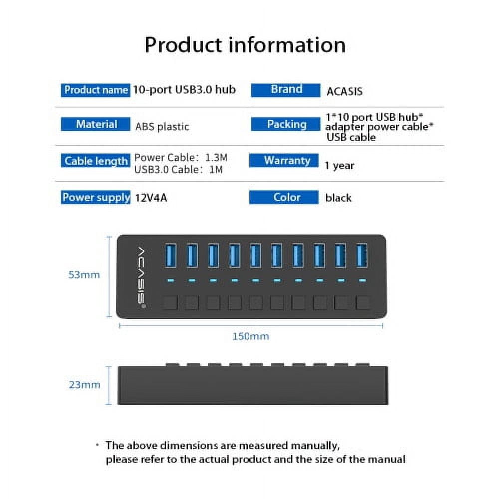 ACASIS USB 3.0 10-Port Hi-Speed Hub with Individual Switches and Group Control Support