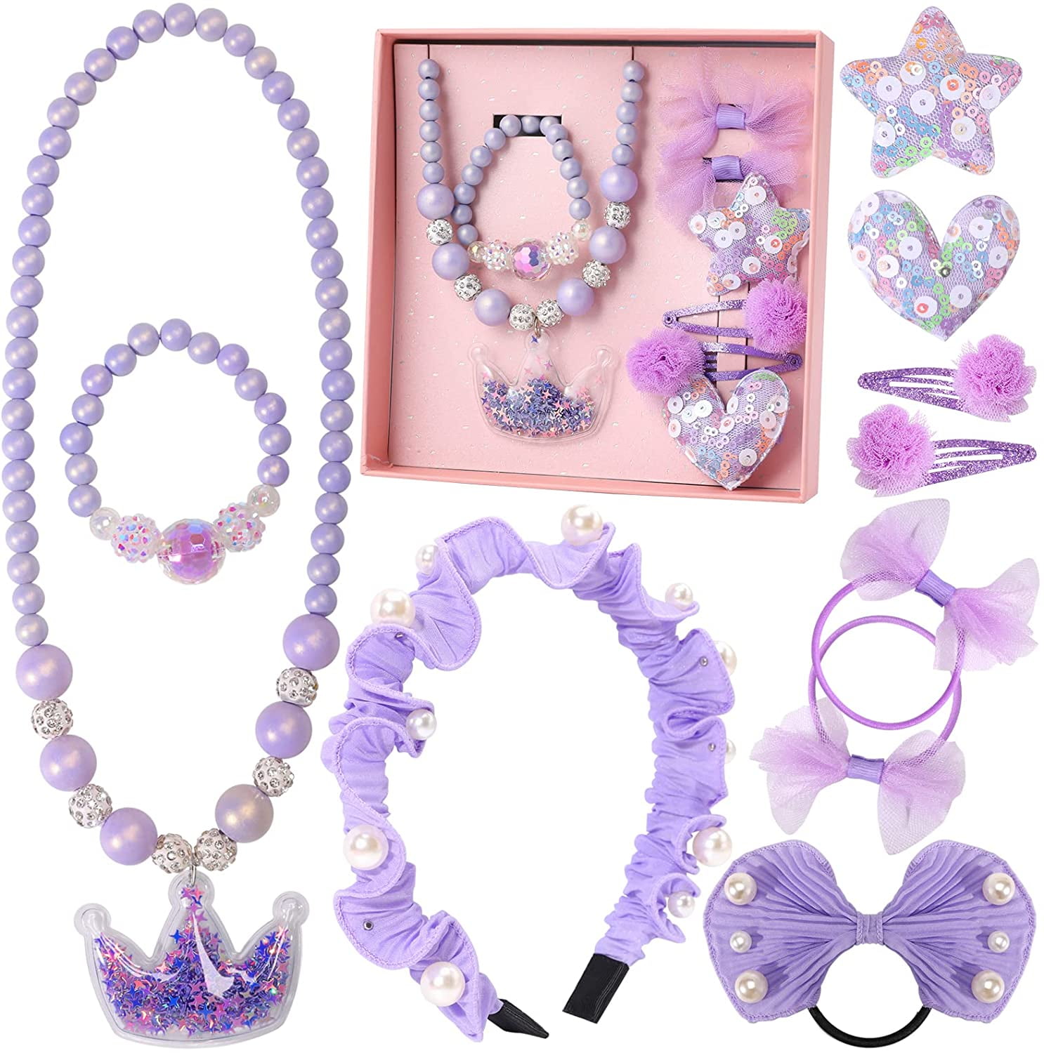 PinkSheep 10Pcs Girl Jewelry Set, Kids Princess Dresses Necklace Bracelet Headband for Child