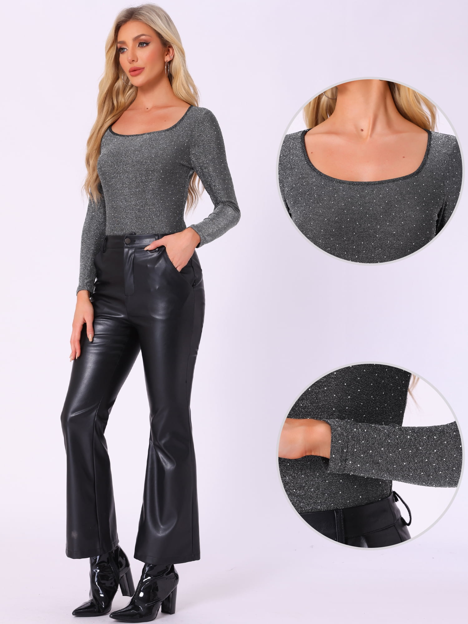 DARING DIVA Metallic Shiny Dots Square Neck Long Sleeve Top XS Silver Black