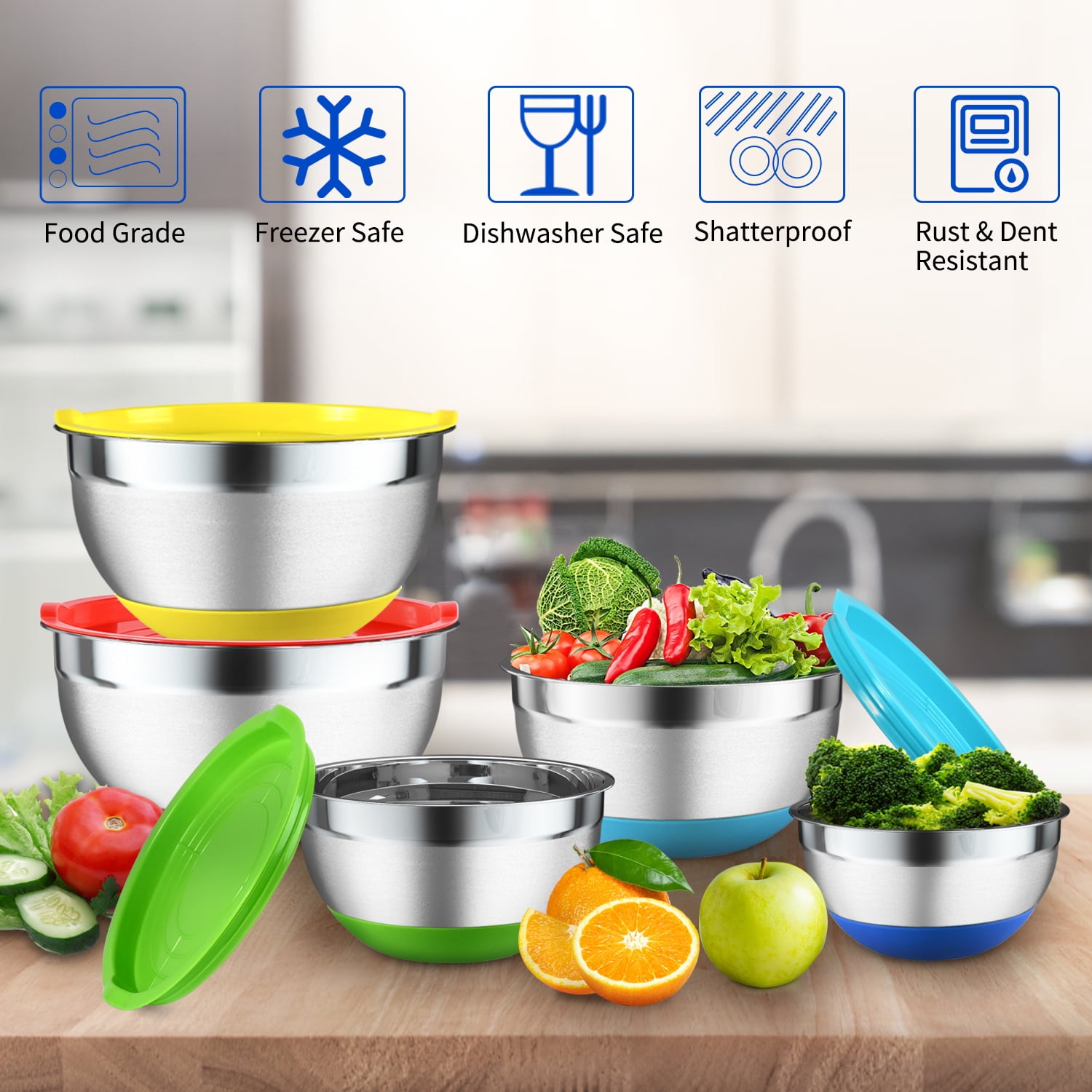 TINANA 26PCS Stainless Steel Mixing Bowls with Lids Set, Nesting Mixing Bowl Set with Non-Slip Bottom Tools Gadgets, 7/4/3.5/2.5/2/1.5QT Metal Salad Bowls for Serving Prepping Baking, Multicolor