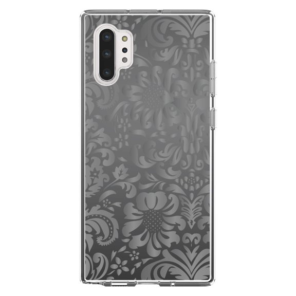 DistinctInk Clear Shockproof Hybrid Case for Galaxy Note 10 PLUS (6.8" Screen) - TPU Bumper, Acrylic Back, Tempered Glass Screen Protector - Shades of Grey Floral Pattern