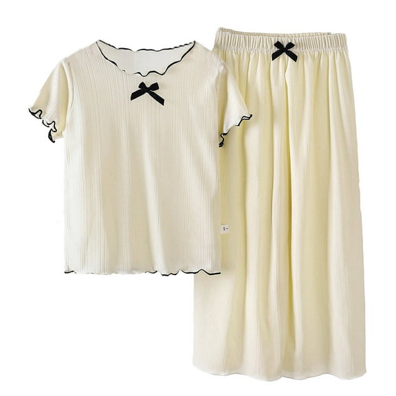 LYHaoo Girls 2Pcs Clothing Set Girls Outfits Set Toddler Summer Casual Outfit Pure Color Round Neck Ruffled Sleeve Top And Pants Wear For 1 8 Years Old Sizes 18-24 Months(Beige)