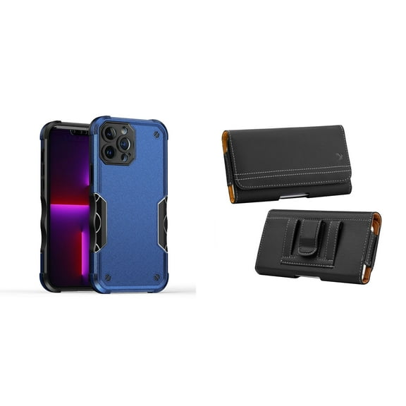 Case with Belt Holster Bundle for iPhone 14 Plus: Slim EX Hybrid Series Shockproof Case (Blue) and PU Leather Magnetic Phone Pouch
