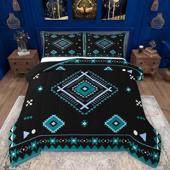 Manfei Vintage Aztec Rhombus Bedding Comforter Set,bohemian Exotic Style Twin Comforter Sets,Cyan Black Bedding Set For Adults,Microfiber Bedroom Decor Reversible,2pcs