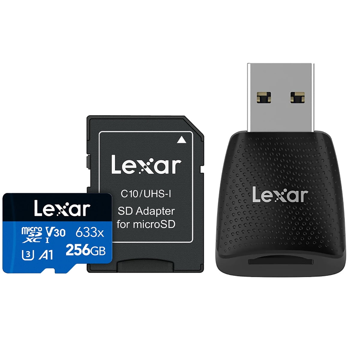 Lexar BLUE Series 633x 256GB UHS-I microSDXC Memory Card with SD Adapter, Bundle with microSD USB 3.2 Gen 1 Type-A Card Reader