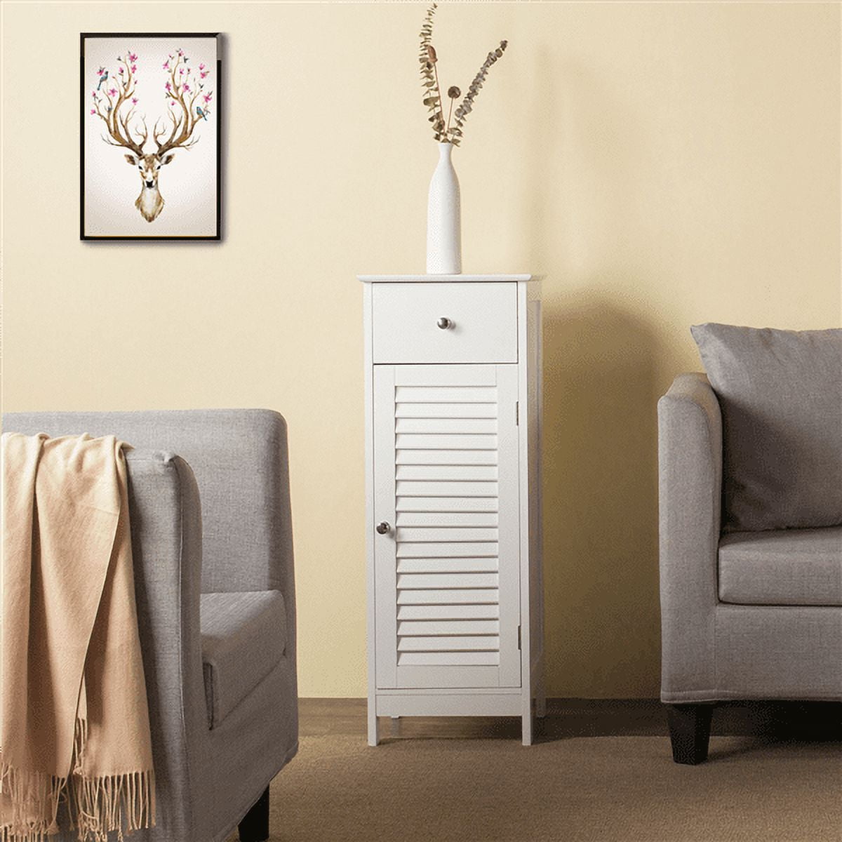 Alden Design Wooden Floor Storage Cabinet with Drawer and Single Shutter Door for Bathroom, White