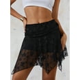 thumbnail image 3 of LMLYSoH Womens Short Skirts Floral Lace Sheer Asymmetric Frill Hem Soft Lined Waist Ruched Mini Low Rise Skirts, 3 of 9