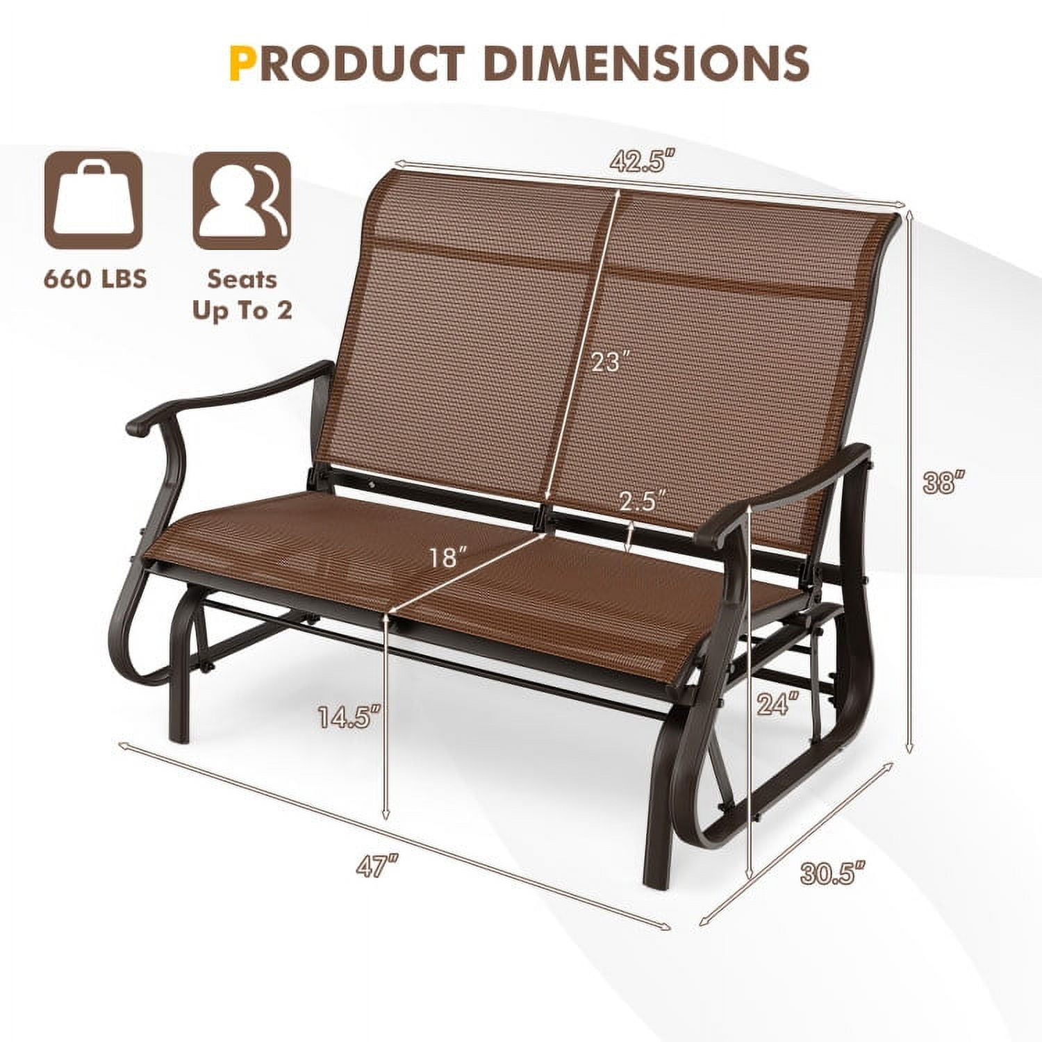 Aimee Lii Double Chair Outdoor, Patio Glider Bench, Porch, Backyard, Sturdy, Brown Aimee Lii Double Chair Outdoor, Patio Glider Bench, Porch, Backyard, Sturdy, Brown