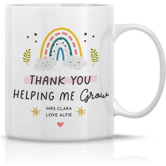 Personalized Teacher Appreciation Coffee Mug, Rainbow Design, Thank You Helping Me Grow, White Ceramic, Custom Names, End Of Term Gift, Back To School, Birthday, 11 oz