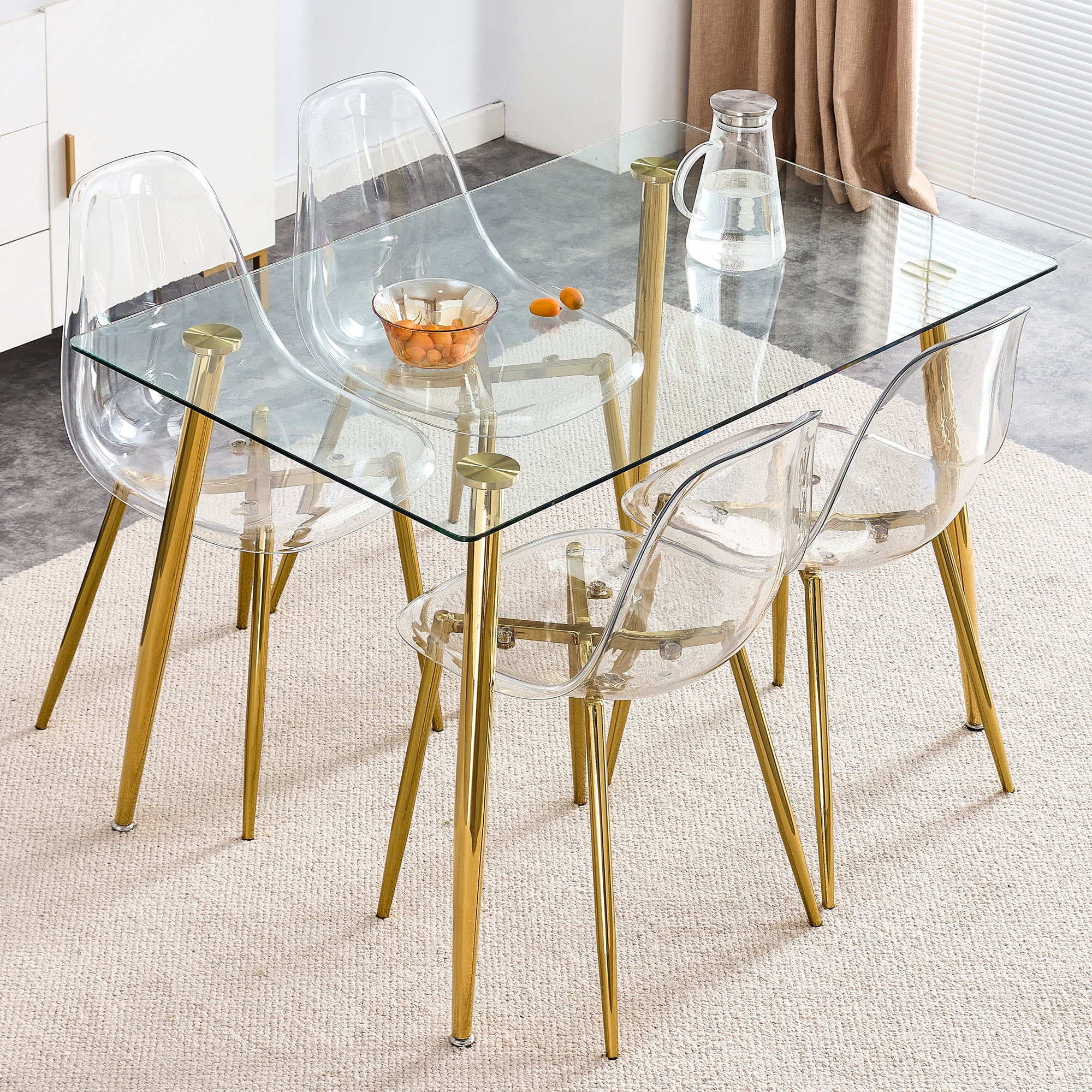 Transparent Dining Chair with Metal Legs, Set of 4, Golden