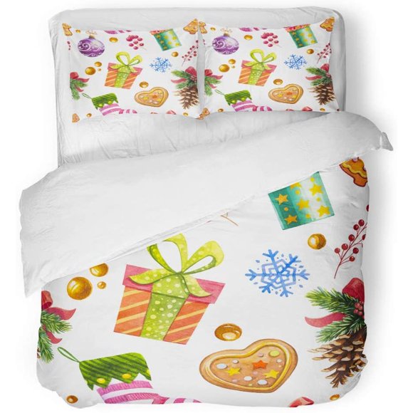 POGLIP 3 Piece Bedding Set Green Vintage Christmas Watercolor Red Berry Boll Branch Candy Twin Size Duvet Cover with 2 Pillowcase for Home Bedding Room Decoration