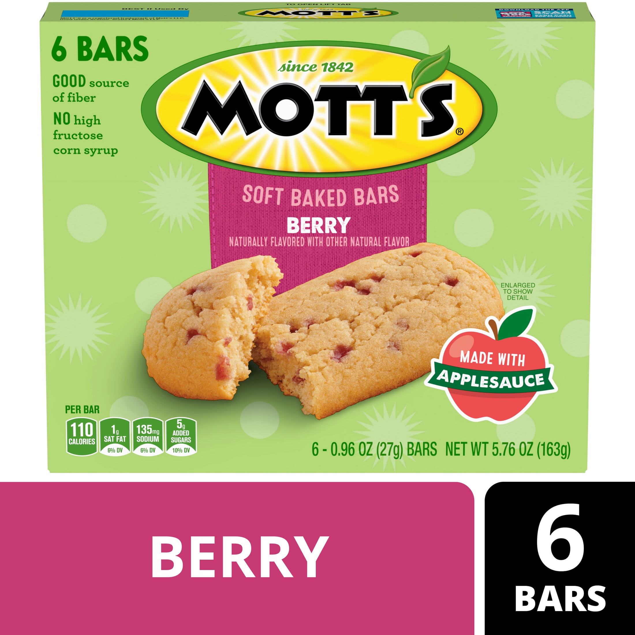 (8 pack) Mott's Soft Baked Bars, Berry, Made with Applesauce, 6 Count, 5.76 oz