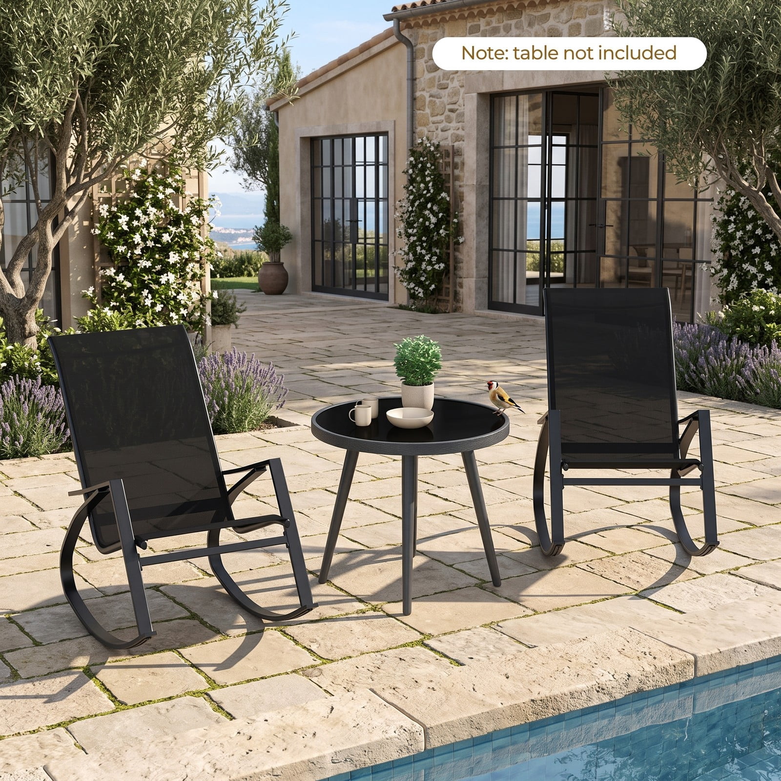 Furnibear Patio Rocking Chairs Set of 2 with Ergonomic Sling Backrest and Circular Metal Frame for Balcony and Poolside, Black