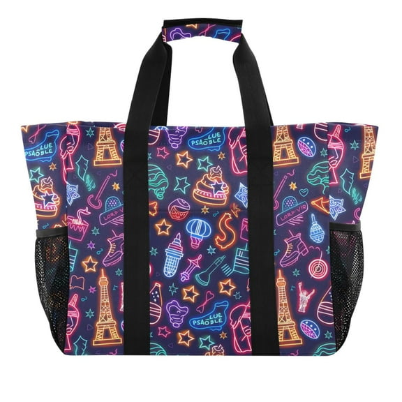 Neon Tower Star Shoescake Reusable Grocery Bags with Handle Side Pocket Waterproof Shopping Portable Tote