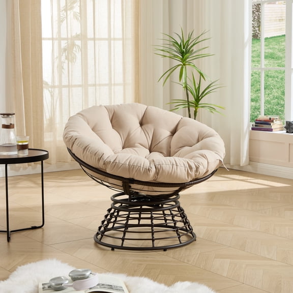 Comfortable Ergonomic Wicker Papasan Chair 360 Swivel Indoor Outdoor Rattan Chair with Soft Thick Cushion Brown Frame Beige Cushion for Living Room Bedroom Reading Room